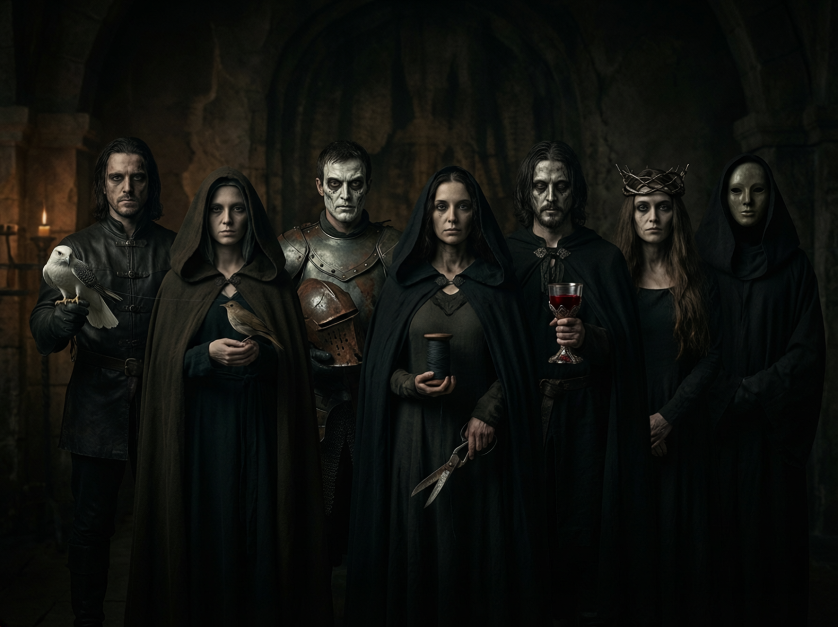 Firefly_Seven gods of death staring at the viewer. dark background. dark fantasy style. A man 536461.png